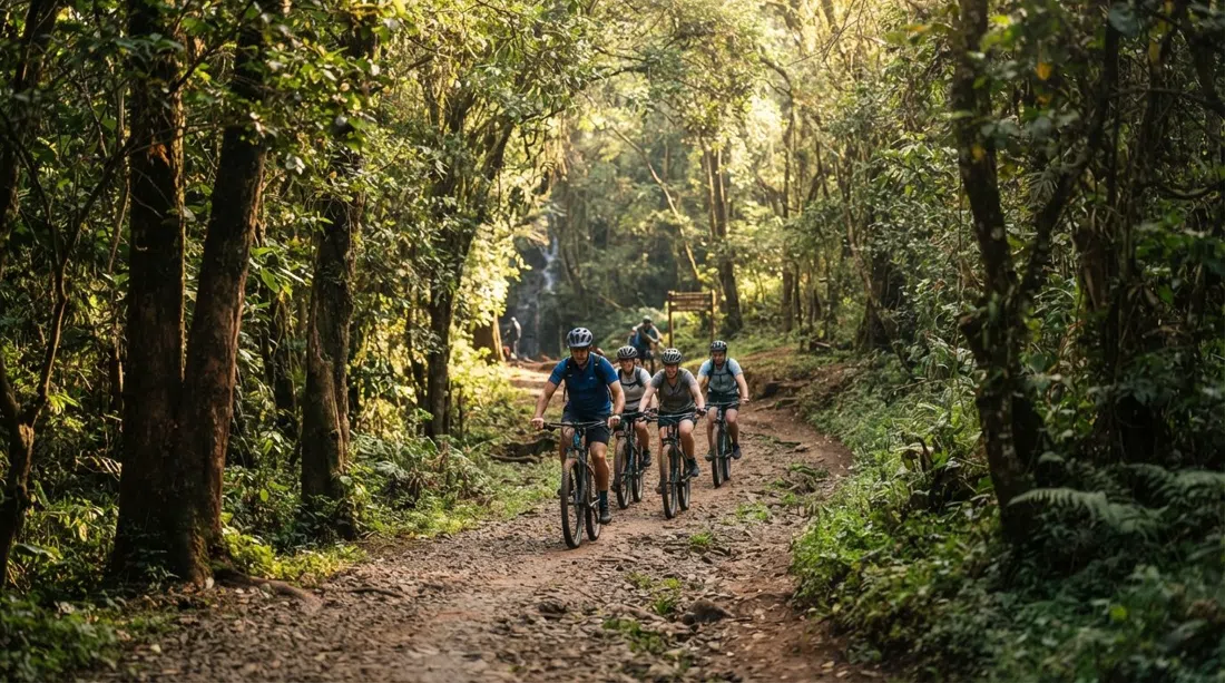 a Karura Forest trail under indigenous canopy, dappled morning light on a walking path with cyclists heading toward the waterfall