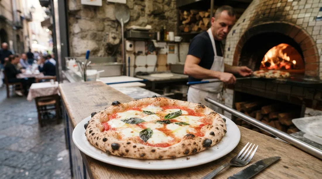 a Margherita pizza from Gino Sorbillo on Via dei Tribunali, blistered crust on a simple plate beside the wood oven