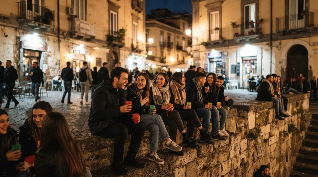 Piazza Bellini at night with students sitting on ancient Greek walls, plastic cups in hand and bar lights around the square
