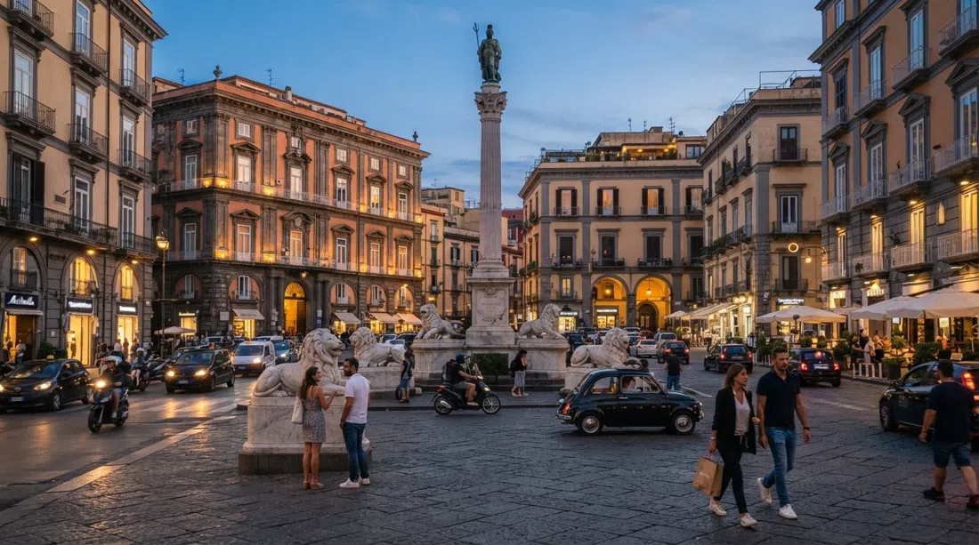 Piazza dei Martiri in Chiaia at dusk, marble lions around the central column, elegant traffic and boutique-lit façades framing the square