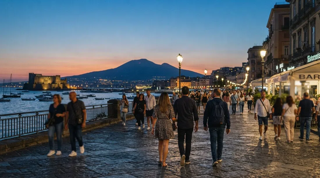 the Lungomare Caracciolo at dusk, pedestrians along the seafront with Vesuvius and the bay glowing in the distance