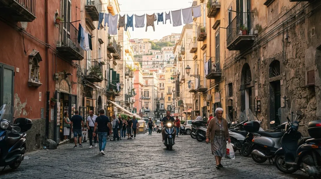 Via Materdei at street level with laundry strung overhead, scooters parked by worn stone facades, and the steep hill rising away toward the upper neighbourhood in late afternoon light
