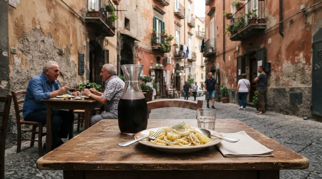 an outdoor table at Cantina del Gallo on Via Alessandro Telesino with a simple carafe of house red, a plate of pasta e patate and worn neighbourhood facades behind