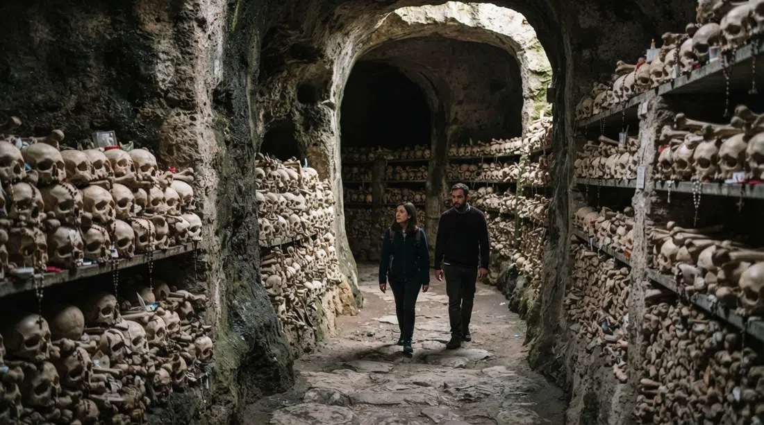 the dim, cavernous interior of the Cimitero delle Fontanelle with rows of skulls and bones in a tuff quarry passage, lit by soft ambient light