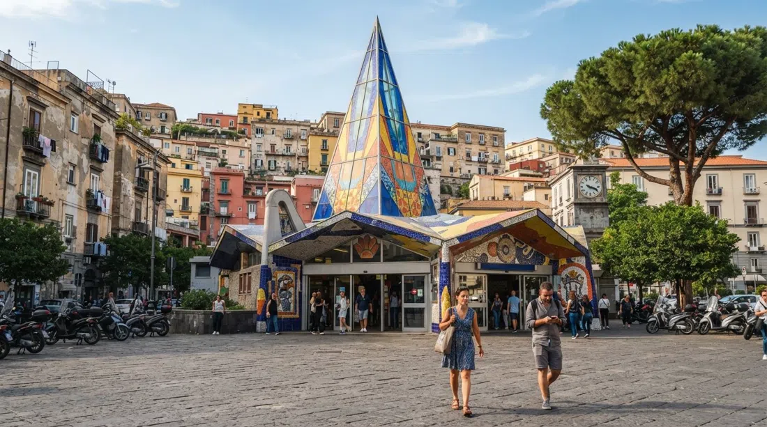 the colourful glass spire and art-filled entrance of Materdei metro station at Piazza Scipione Ammirato, with Mendini-style design details in daylight