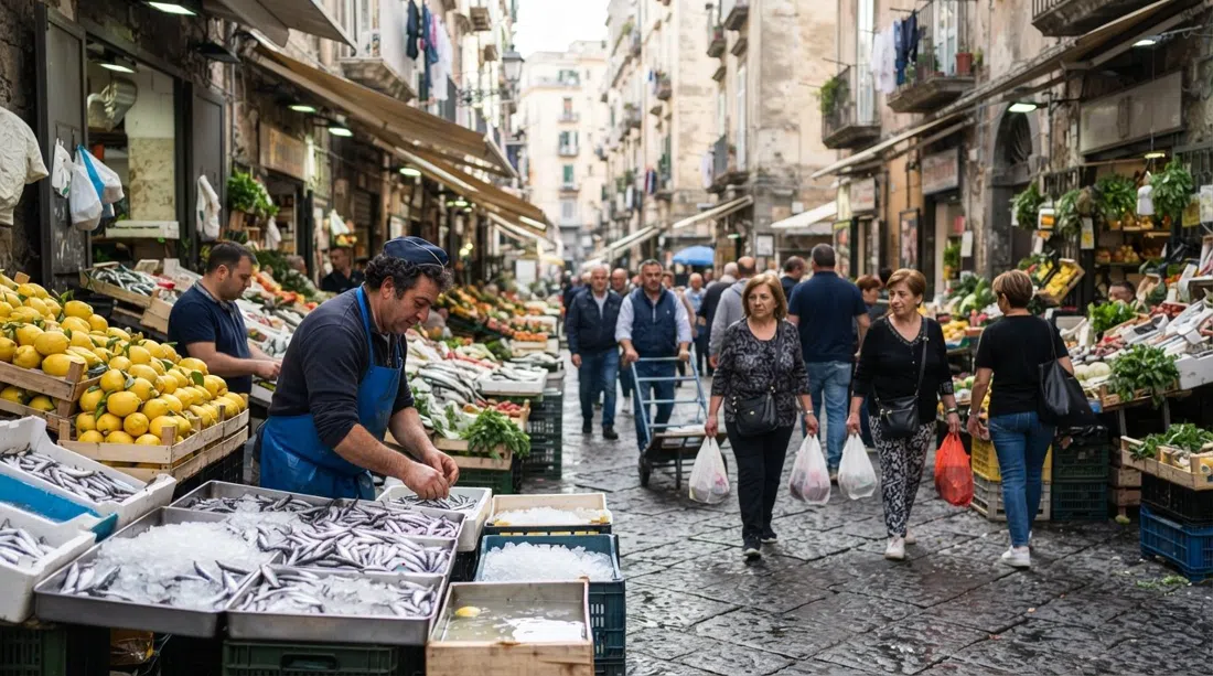 fishmongers and greengrocers on Via Pignasecca at morning rush, crates of anchovies and Amalfi lemons under hard Naples daylight
