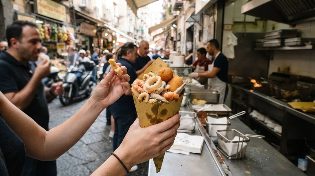 a paper cone cuoppo and golden fritto at Friggitoria Fiorenzano on Via Pignasecca, eaten standing at the counter in the heat of lunch
