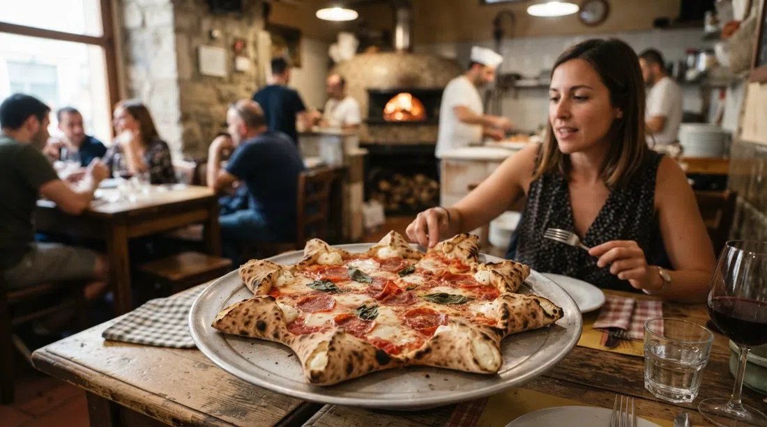 the star-shaped Carnevale pizza at Pizzeria Da Attilio, ricotta-filled crust and wood-fired char on a metal tray