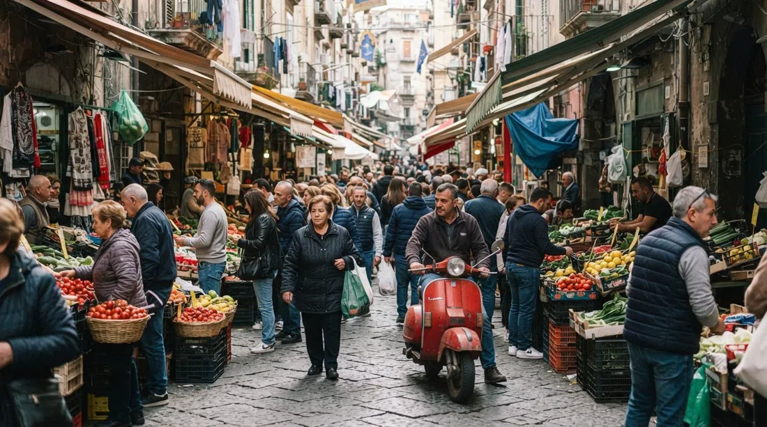 the crowded length of La Pignasecca market along Via Pignasecca and Via Portamedina, scooters edging past stalls and shoppers under hanging awnings