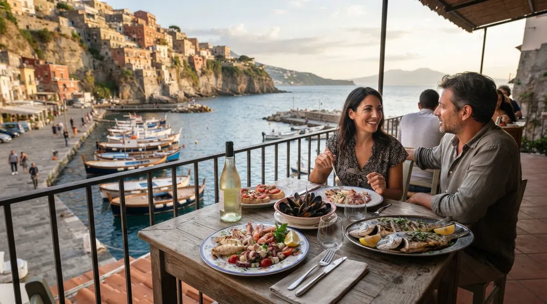a terrace table at Cicciotto a Marechiaro dal 1942 overlooking the tiny harbour, with seafood antipasti and grilled fish in the foreground