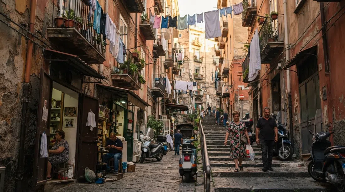 a steep Vicolo in the Quartieri Spagnoli with washing lines overhead, open bassi at street level and balconies nearly touching in late-afternoon light