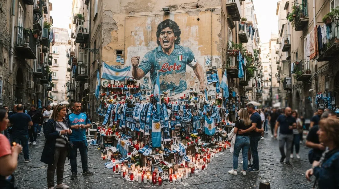 the Maradona mural at Largo Maradona on Via Emanuele De Deo, three storeys high, framed by candles, scarves and football scarves in a compact alley square