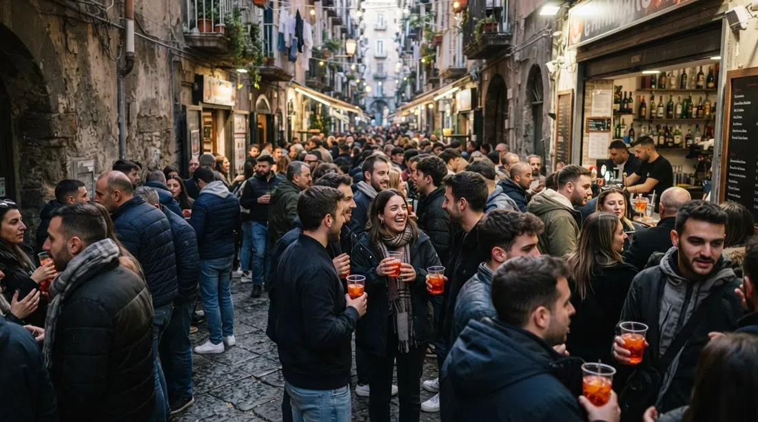 Cammarota Spritz on Vico Lungo Teatro Nuovo at evening rush, a packed alley of standing drinkers with orange spritzes in plastic cups