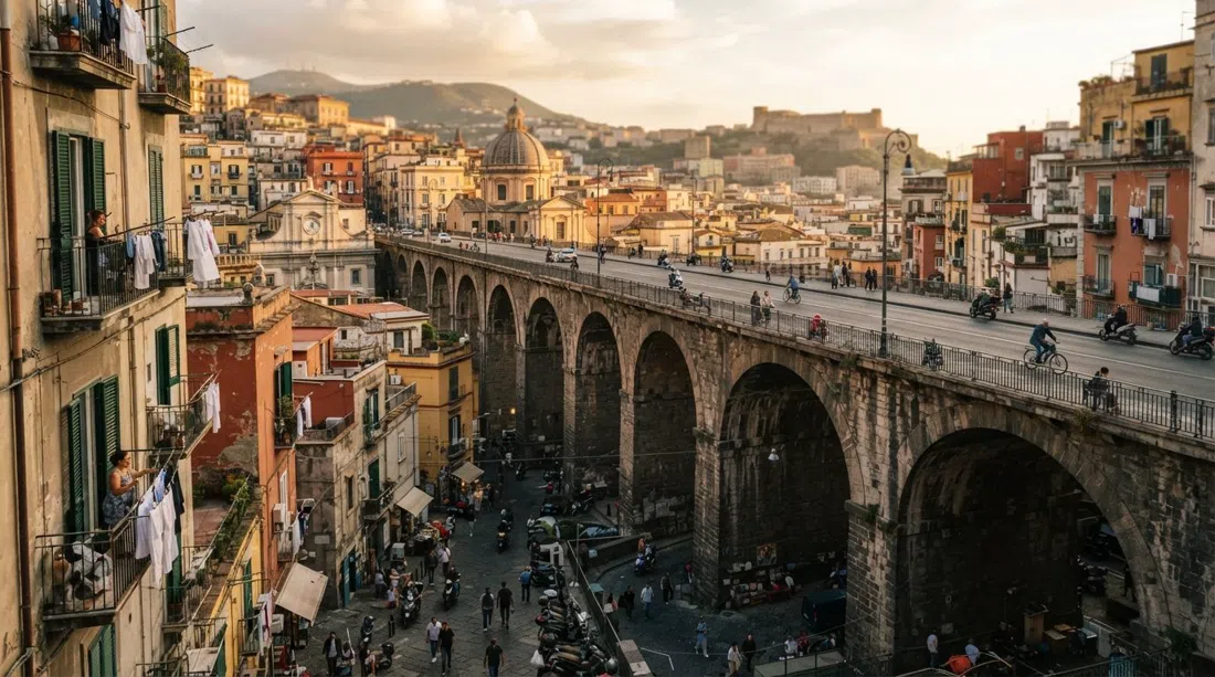 the Ponte della Sanità viaduct spanning the bowl of the neighbourhood, with baroque palazzi, scooters and laundry lines below in late afternoon light