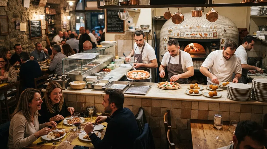 the dining room and counter at Concettina ai Tre Santi on Via Arena della Sanità, with pizzas and fried starters coming out of the kitchen under warm evening lighting