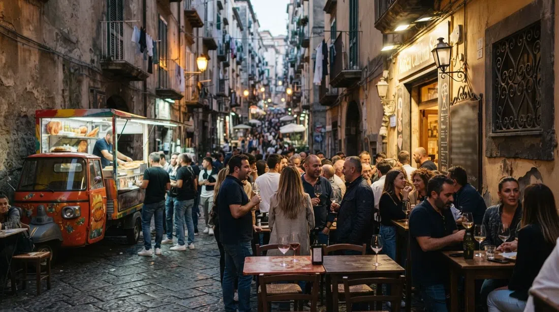 Antica Cantina Sepe on Via Vergini at dusk, tables spilling onto the street with wine glasses, locals standing shoulder to shoulder and a fried-pizza truck outside