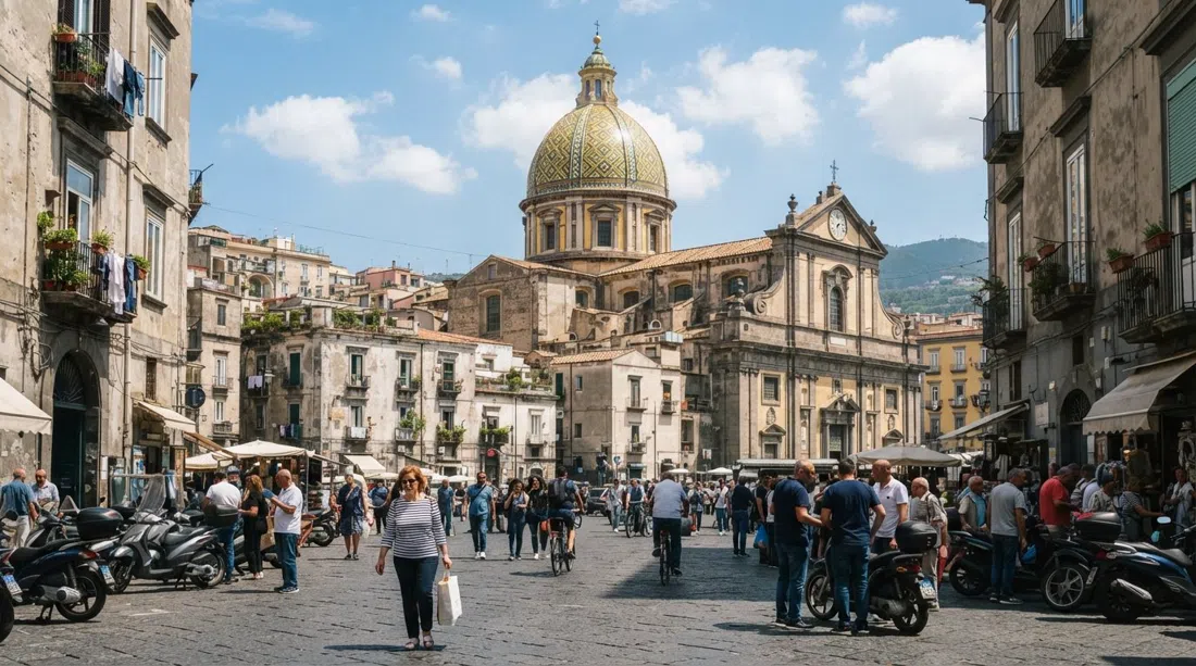 the yellow-and-green majolica dome of the Basilica di Santa Maria della Sanità rising over Piazza Sanità, with people moving across the square below