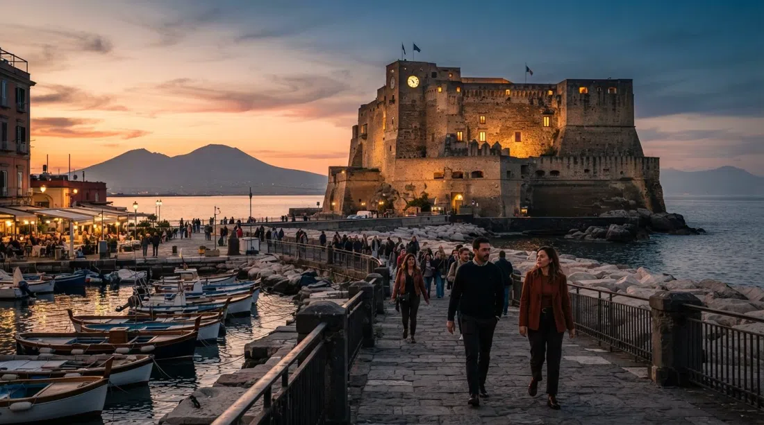 Castel dell'Ovo on the islet of Megaride at sunset, seen from the causeway with the bay glowing behind it and Vesuvius faint on the horizon