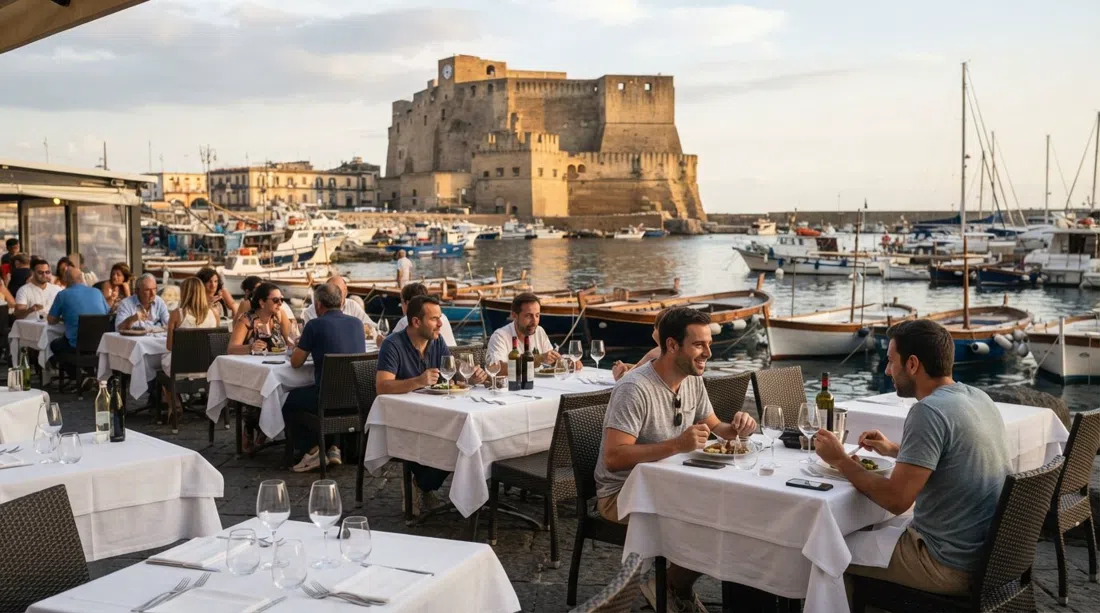 La Bersagliera’s bay-facing terrace on Borgo Marinari, white tablecloths set among boats with Castel dell'Ovo in the background in late afternoon light