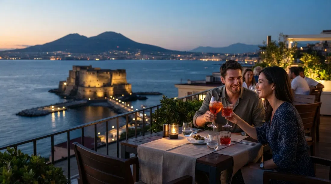 the Sky Lounge at Grand Hotel Vesuvio at dusk, rooftop tables facing Castel dell'Ovo and Vesuvius with cocktail glasses catching the last light