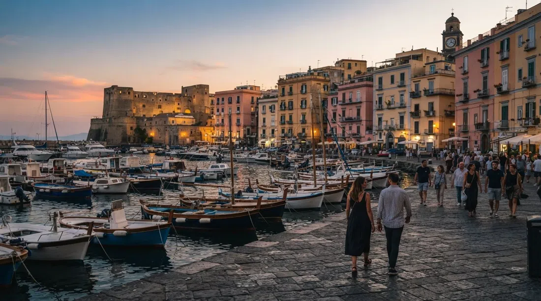 Borgo Marinari’s pastel houses and marina seen from the edge of the square, small boats moored tight in the harbour under soft evening light