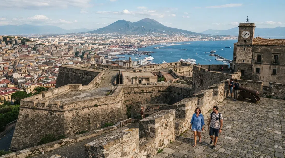 Castel Sant'Elmo on its hilltop, star-shaped ramparts overlooking Naples and the Bay of Naples in clear afternoon light