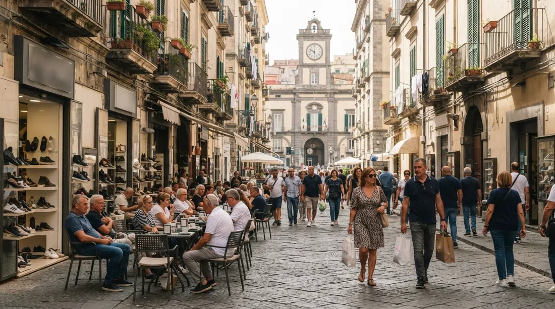 Pedestrian Via Scarlatti near Piazza Vanvitelli, café tables, shoe shops and locals strolling in the late-morning sun