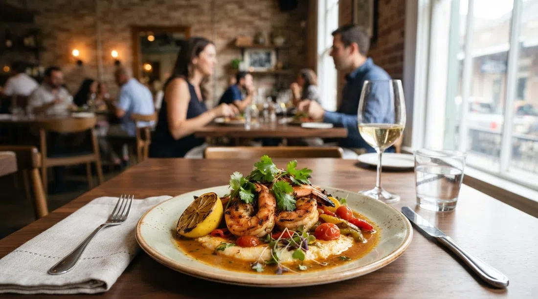 a plated Acamaya seafood dish on a refined restaurant table, bright citrus and herbs against the contemporary dining room