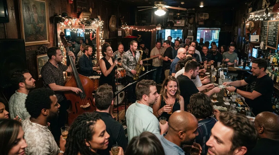 The Spotted Cat Music Club on Frenchmen, cramped standing-room interior with a small jazz band and a cash-only bar in close frame