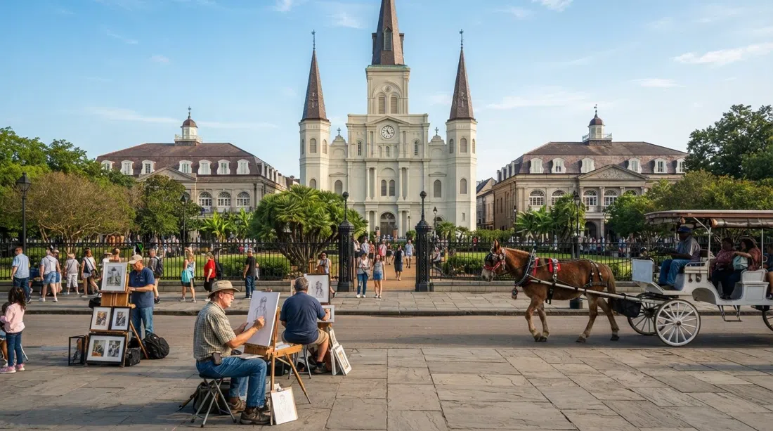 Jackson Square in morning light with St. Louis Cathedral’s triple spires, the Cabildo and Presbytère flanking the green, portrait artists and carriage mules around the park
