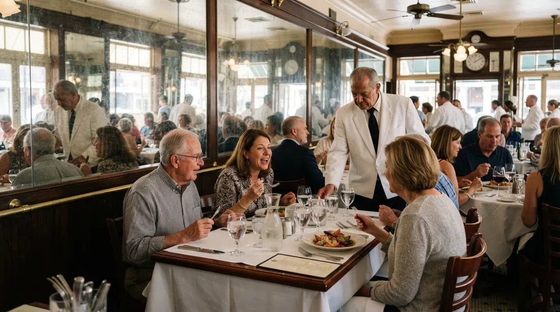 the mirrored downstairs dining room at Galatoire’s on Bourbon Street, white-jacketed service, polished tables and a classic Creole lunch setting at midday