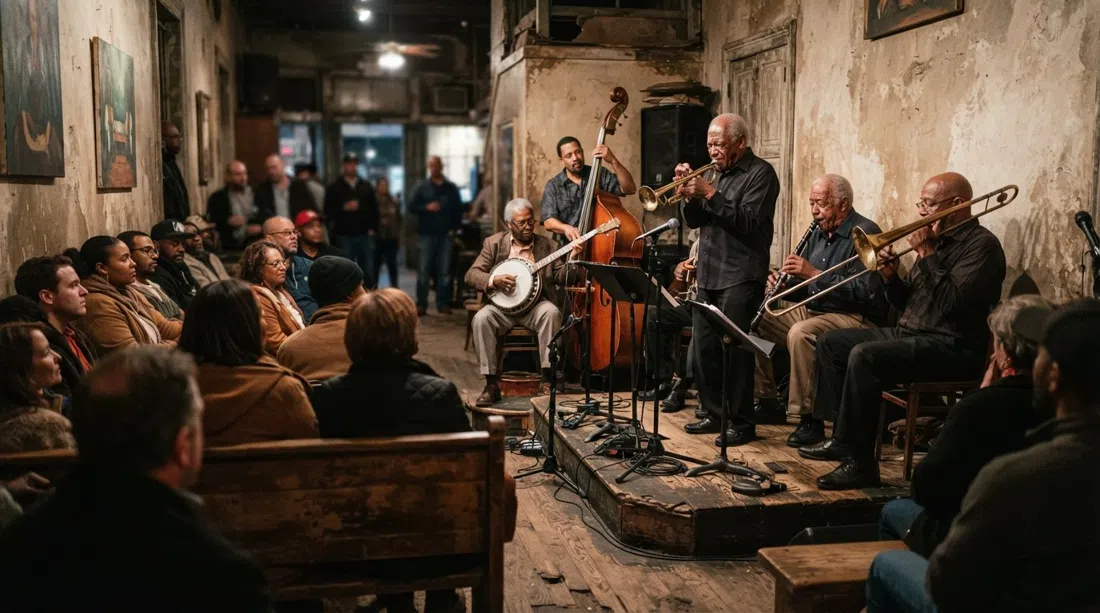 the bare interior of Preservation Hall on St. Peter Street, wooden benches, intimate stage lighting and a small trad jazz band mid-set