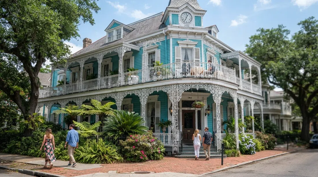the turquoise-and-white exterior of Commander's Palace at 1403 Washington Avenue, with white trim, ironwork and a sense of old-school elegance at midday