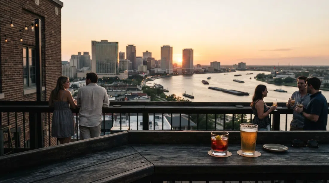 Hot Tin rooftop bar atop the Pontchartrain Hotel at sunset, with cocktail glasses on the rail and sweeping views toward downtown and the Mississippi River
