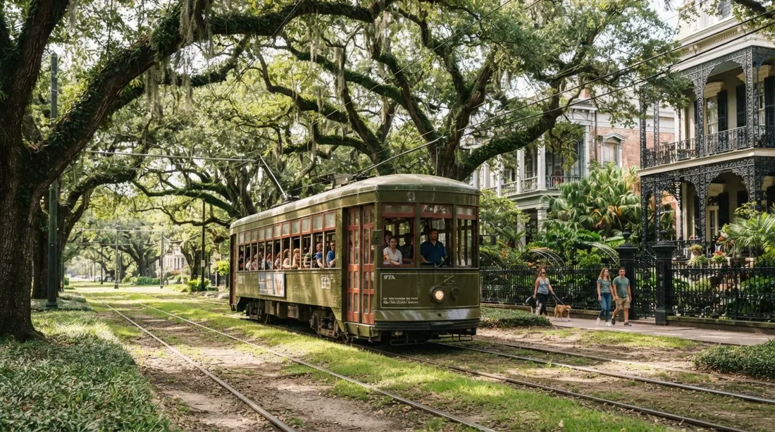 the green St. Charles Avenue streetcar gliding past cast-iron fences and live oak canopy in the Garden District on a bright afternoon