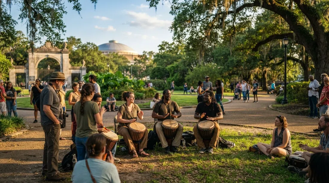 Congo Square inside Louis Armstrong Park at late afternoon, open green space framed by trees and pathways where the city’s drumming traditions began