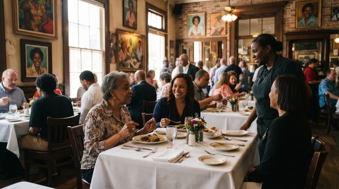 the dining room at Dooky Chase’s Restaurant on Orleans Avenue, framed by African-American art on the walls and a Creole lunch table set for service