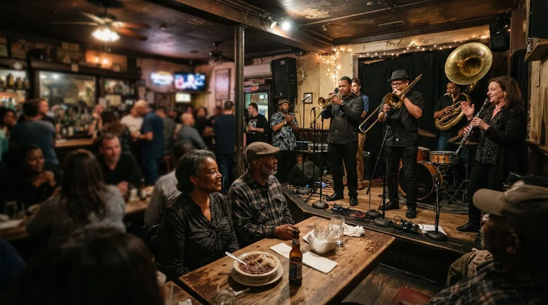 the low-ceilinged interior of Candlelight Lounge on a Wednesday night, brass band on a tiny stage with red beans and rice on the tables