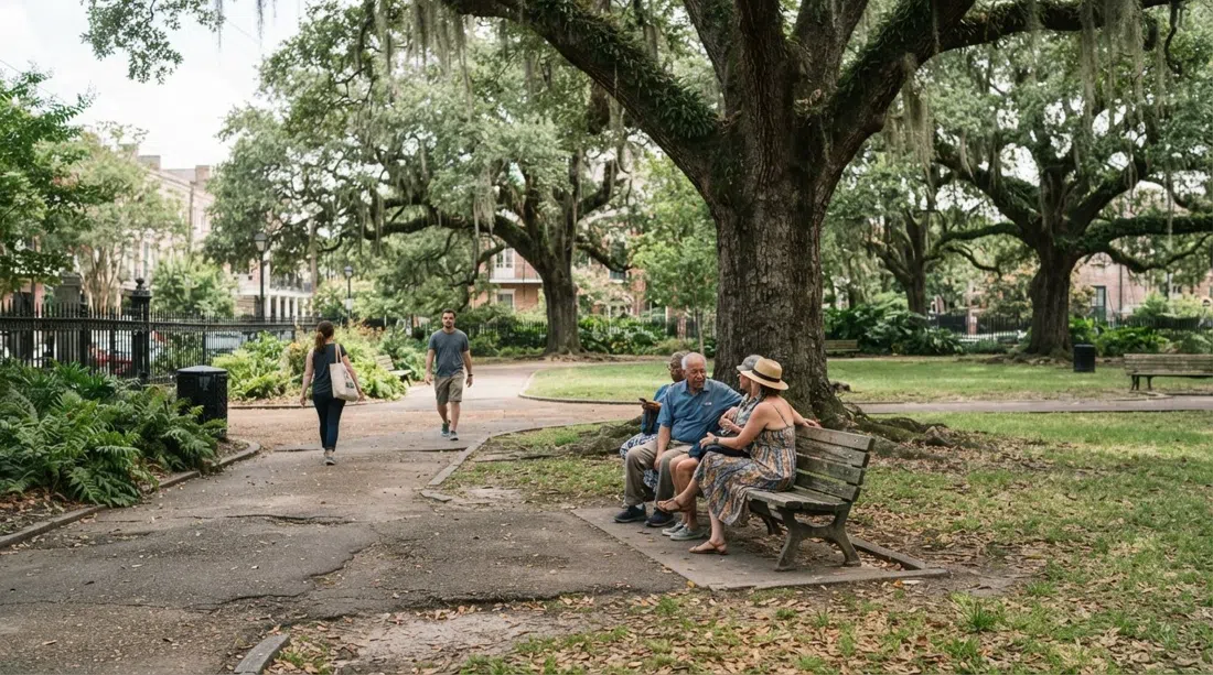 Congo Square in Louis Armstrong Park near N. Rampart Street, open historic grounds with trees and pathways under soft daylight