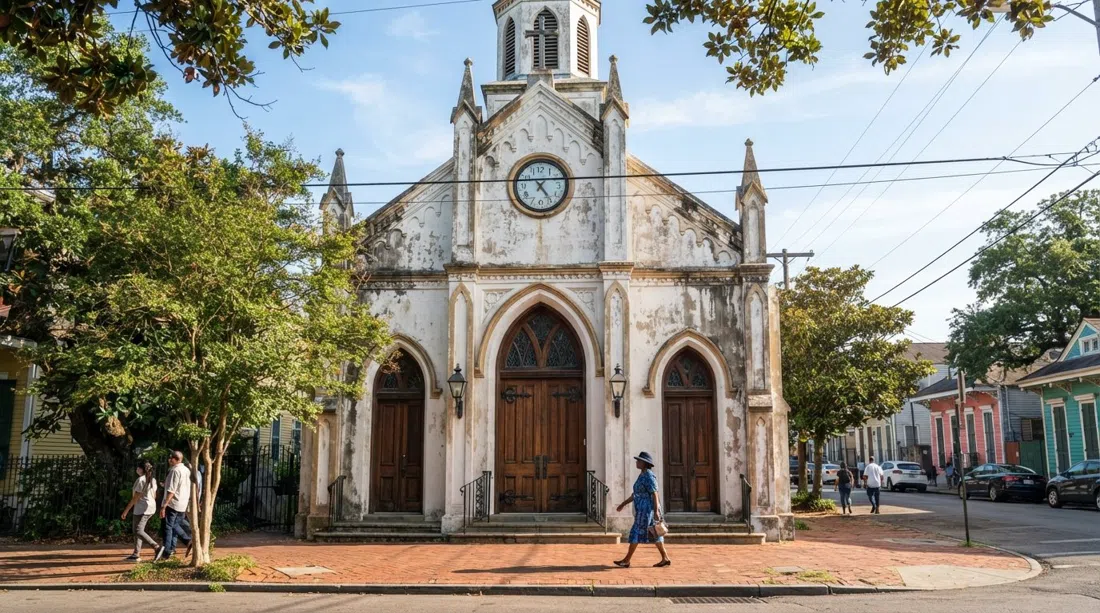 the facade of St. Augustine Catholic Church on Governor Nicholls Street, historic parish exterior under bright morning light