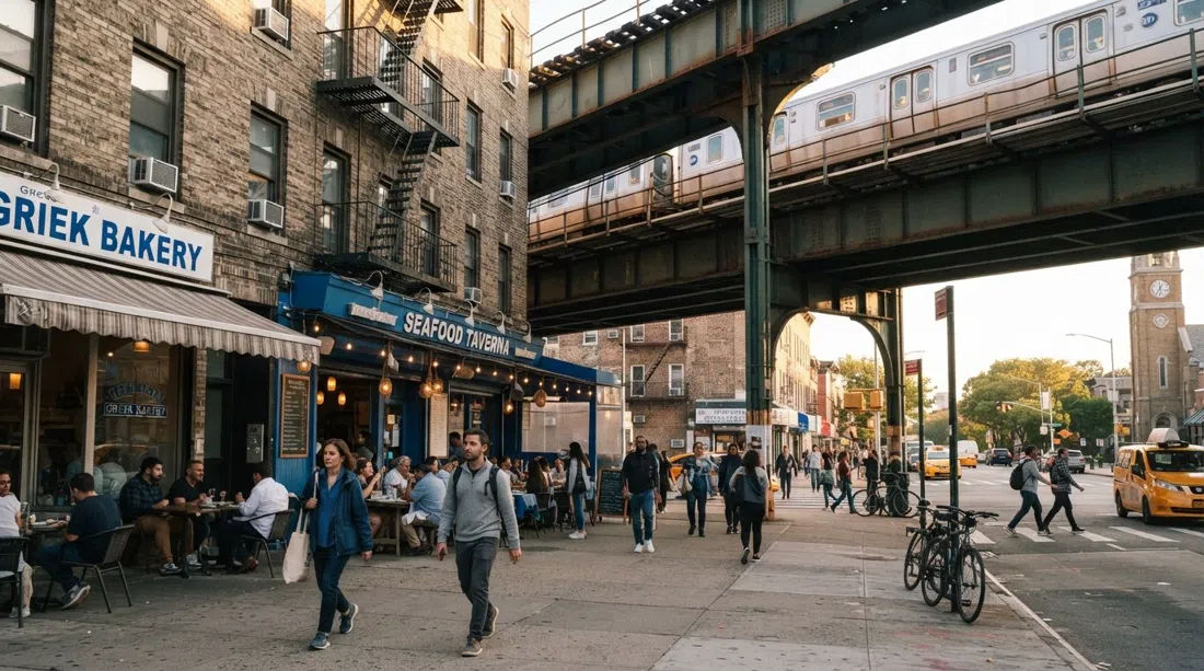 Ditmars Boulevard in Astoria near Astoria Park, Greek bakery and seafood tavernas under apartment blocks with the elevated train overhead in late afternoon light