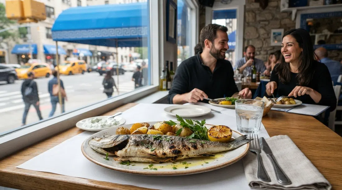 a charcoal-grilled whole branzino and lemony potatoes at Taverna Kyclades, blue awning visible outside through the window