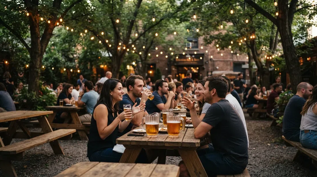 Bohemian Hall & Beer Garden’s tree-shaded courtyard on a warm evening, pitchers of Czech lager on wooden tables and string lights overhead