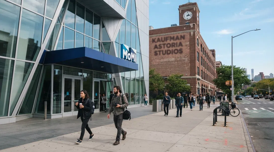 the Museum of the Moving Image entrance at 35th Ave, modern museum facade against the historic Kaufman Astoria Studios building in daylight