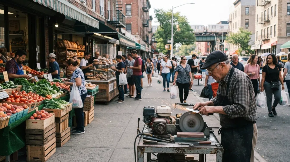 the community-run Astoria market on 31st Avenue with local produce stalls, small-batch bakers, and a knife-sharpener at work on a Sunday morning