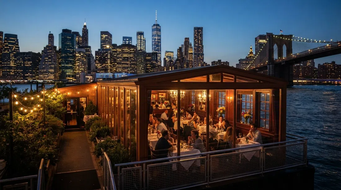 The River Cafe at dusk on a barge at 1 Water Street, warm dining-room lights glowing against the Manhattan skyline through the windows