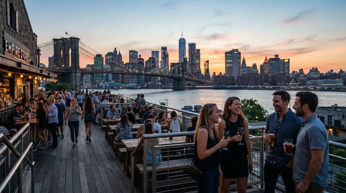 The Time Out Market Rooftop at sunset, bridge silhouettes and Lower Manhattan glowing across the East River from the fifth floor of Empire Stores
