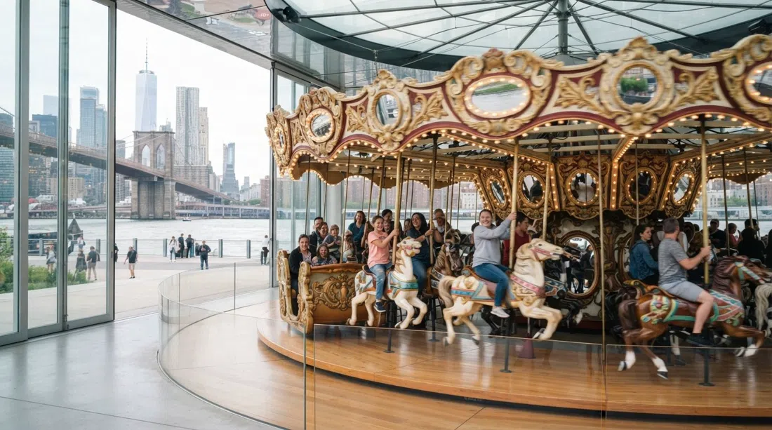 Jane’s Carousel inside Jean Nouvel’s glass pavilion at Brooklyn Bridge Park, the restored 1922 carousel glowing in soft daylight with the East River beyond