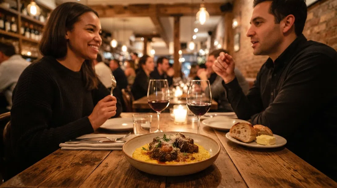 a warmly lit table at Vinatería with oxtail ragù and saffron risotto, wine glasses catching the glow of the room