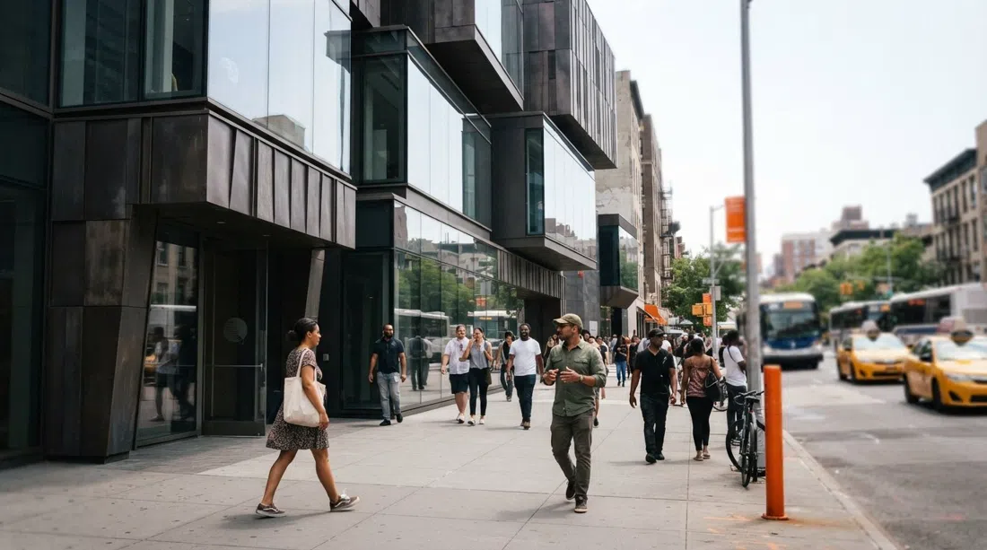the new Studio Museum in Harlem on West 125th Street, contemporary facade lines against the street and pedestrians passing in midday light